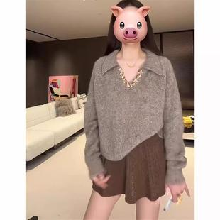 复古高级翻领针织衫女冬季韩版原创新款上衣小众独特超好看毛衣潮