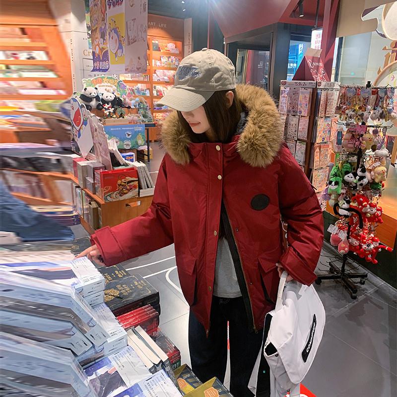 工装派克棉服女2025冬季设计感中长款连帽大毛领加厚宽松棉衣外套