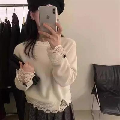 韩系蕾丝拼接针织毛衣女2025冬季新款设计感温柔风别致上衣打底衫