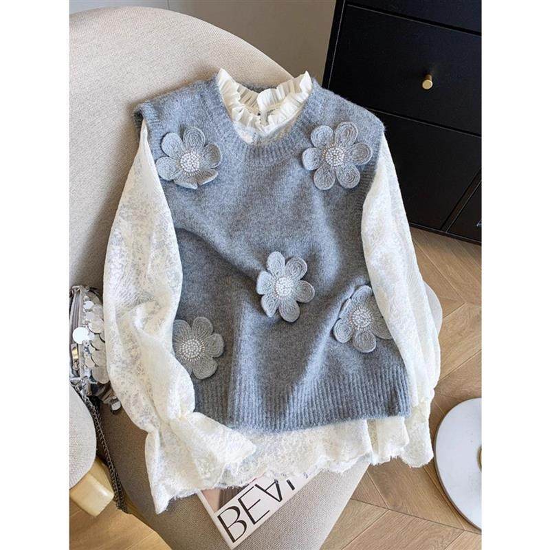 针织马甲圆领春秋新款温柔立体花朵叠穿马夹宽松毛衣背心女外穿