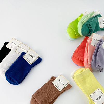新款韩国女夏季纯色薄款彩虹双针袜子莫兰迪色系中筒堆堆袜