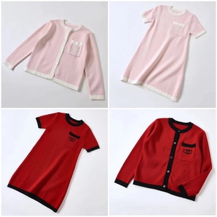 现货 女童秋冬款粉色白边圆领口袋毛衣开衫毛衣裙尺寸正常码