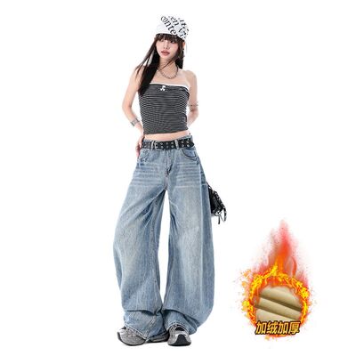 加绒加厚25秋冬季重工水洗弯刀裤无弹低腰宽松阔腿牛仔裤女