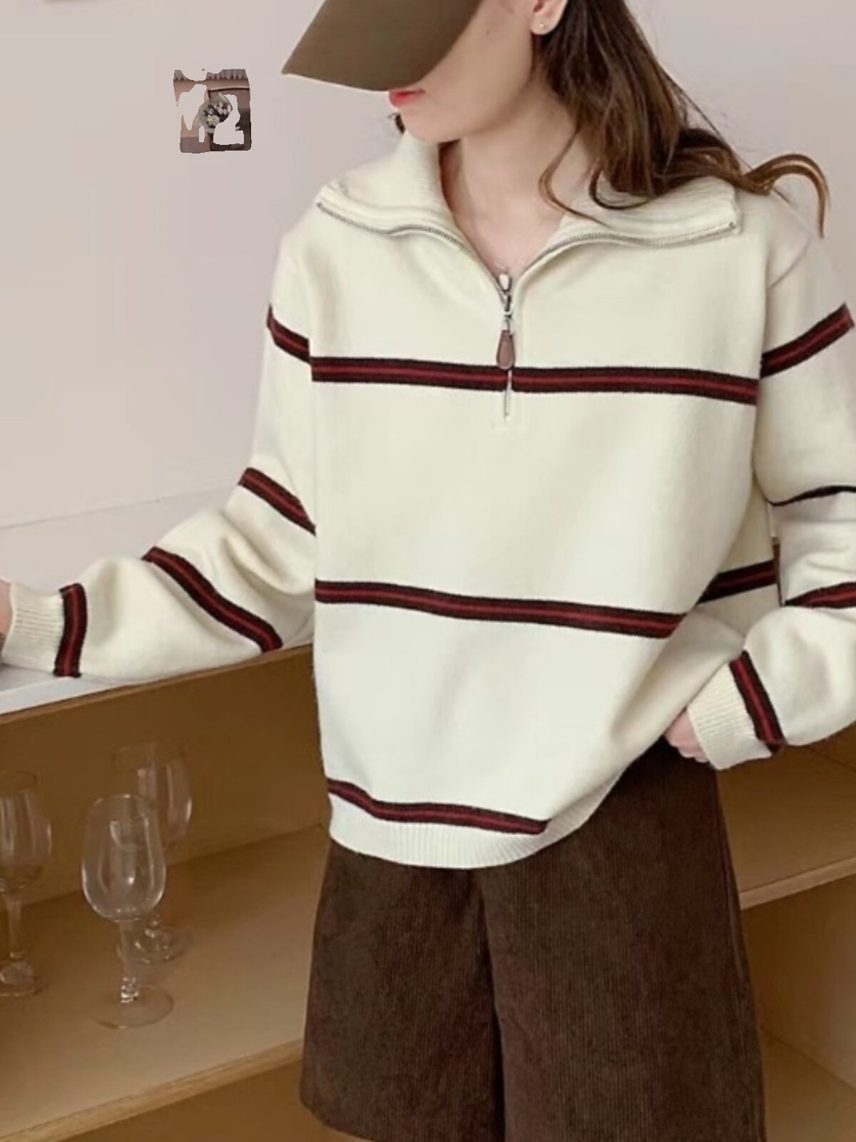 봄과 가을 여성용 스몰 콘트라스트 스트라이프 스웨터 탑 게으른 스타일 긴 소매 및 하프 지퍼 풀오버 ??스웨터