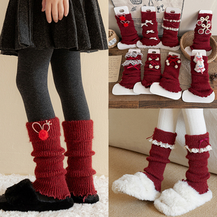 花边儿童红色袜套洋气蝴蝶结堆堆袜酒红色女童袜保暖长筒小腿袜套