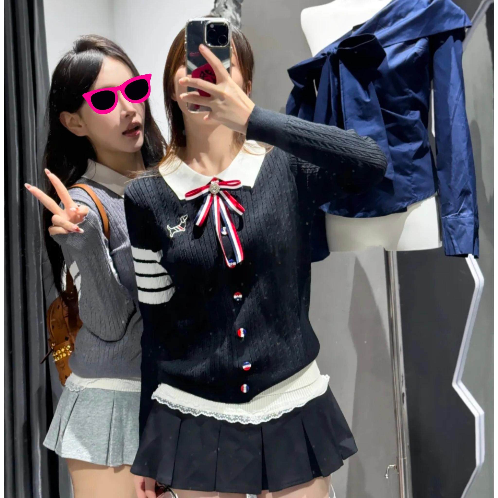 秋冬美式学院风蝴蝶结翻领套头针织小狗四道杠长袖毛衣短裙套装女