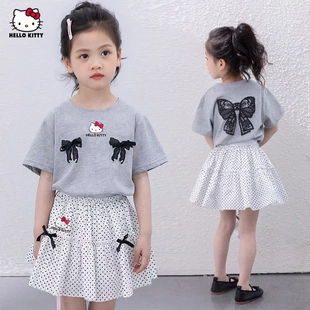 2025新款 蕾丝蝴蝶结上衣凯蒂猫卡通中大童两件套 套装 女童夏季