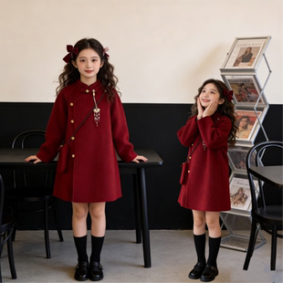 2025新款秋冬女童枣红色连衣裙时尚百搭气质公主裙冬季保暖裙子