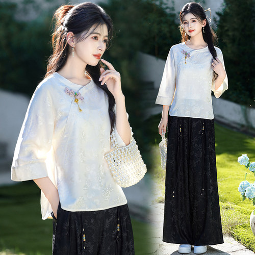 实拍新中式东方汉服圆领斜襟盘扣重工提花上衣搭配国风长裤两件套