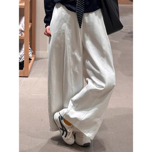 立体腰 高密斜纹 白色裤子垂感大码显瘦宽松工装休闲阔腿裤