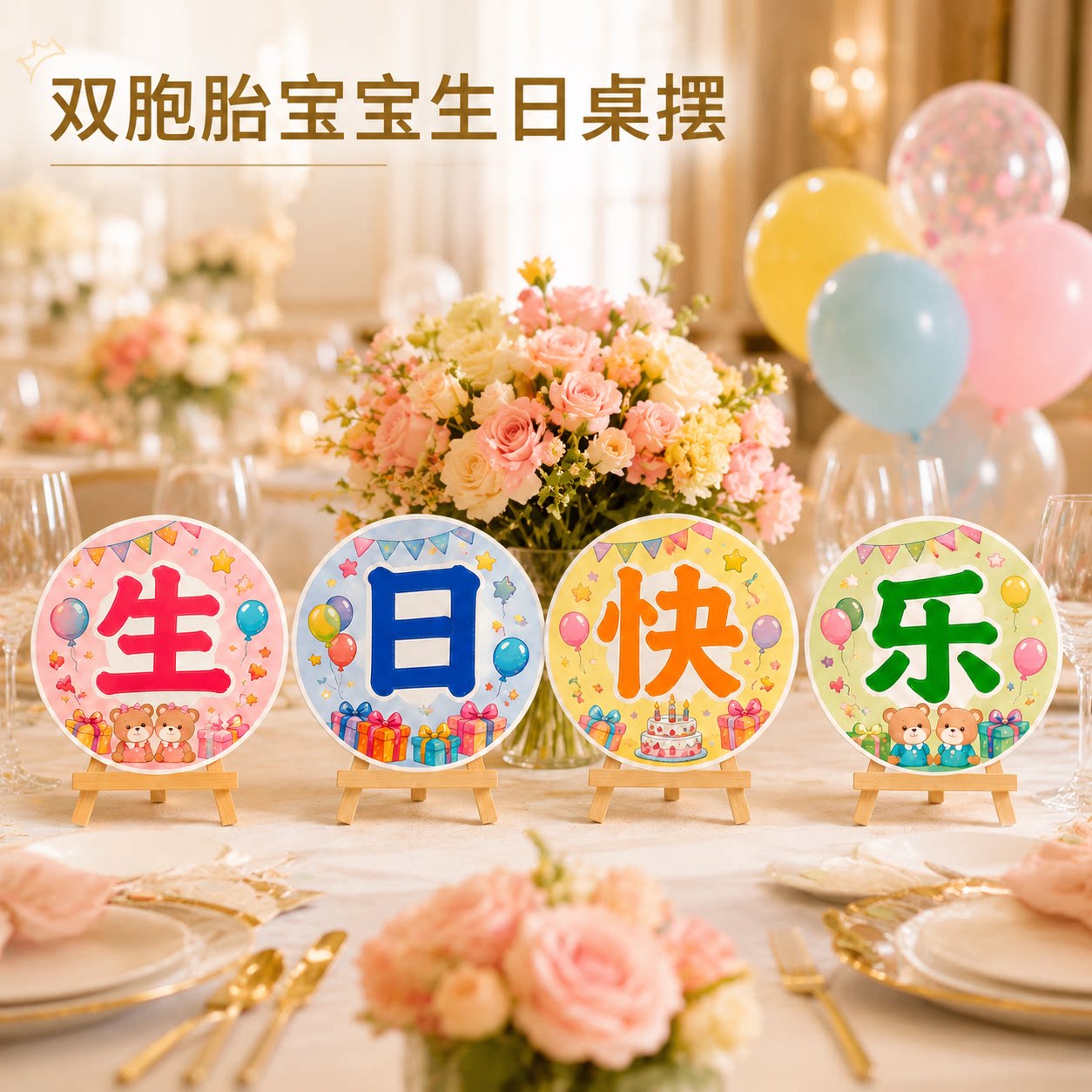 生日快乐桌面立牌kt板双胞胎氛围派对场景装饰布置拍照氛围道具图片