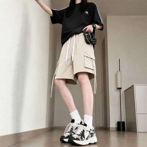 美式速干工装短裤女夏季外穿阔腿中裤胖mm休闲冰丝运动五分裤子