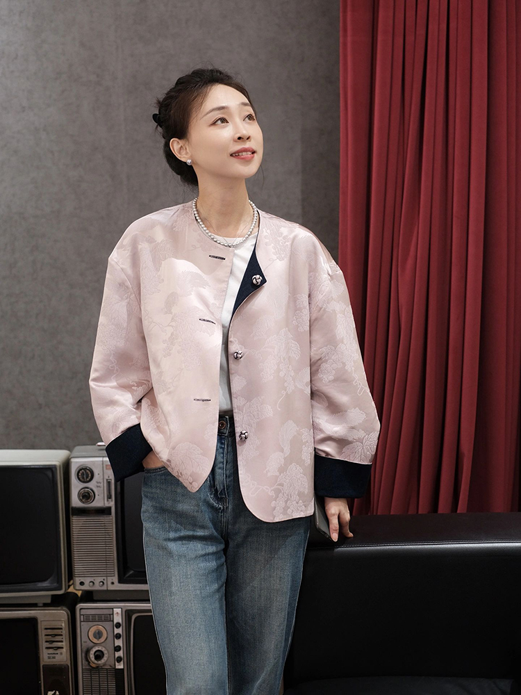 秋装女2023年新款新中式国风休闲复古时尚印花粉色双面穿短款外套