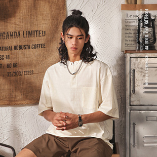 体恤男生宽松休闲亨利领上衣 潮牌日系复古痞帅半袖 短袖 T恤男夏季