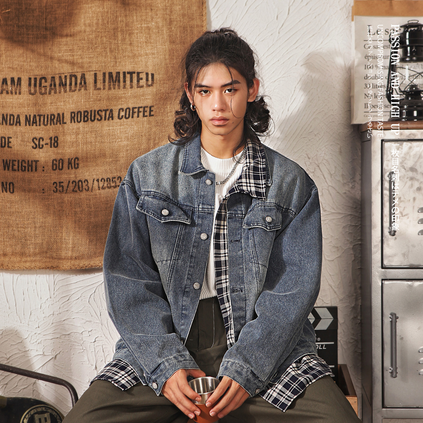 日系复古格子拼接牛仔外套男秋季