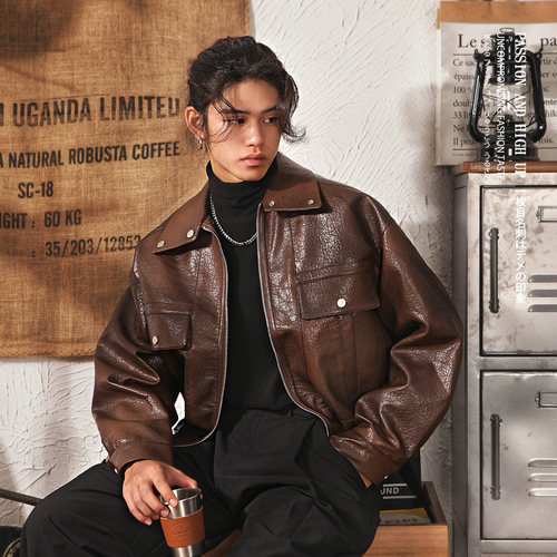 日系复古高级感PU皮衣外套男冬季