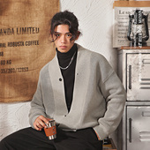 宽松慵懒风高级感中式 日系复古大V领针织开衫 男冬季 道袍毛衣外套