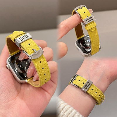适用苹果手表s10细金属扣荔枝纹真皮iWatch9小米8pro表带高级fit4