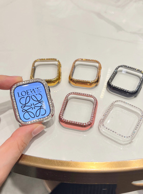 适用苹果手表表带apple watch9镶钻单排钻壳iwatch8SE65432半包女