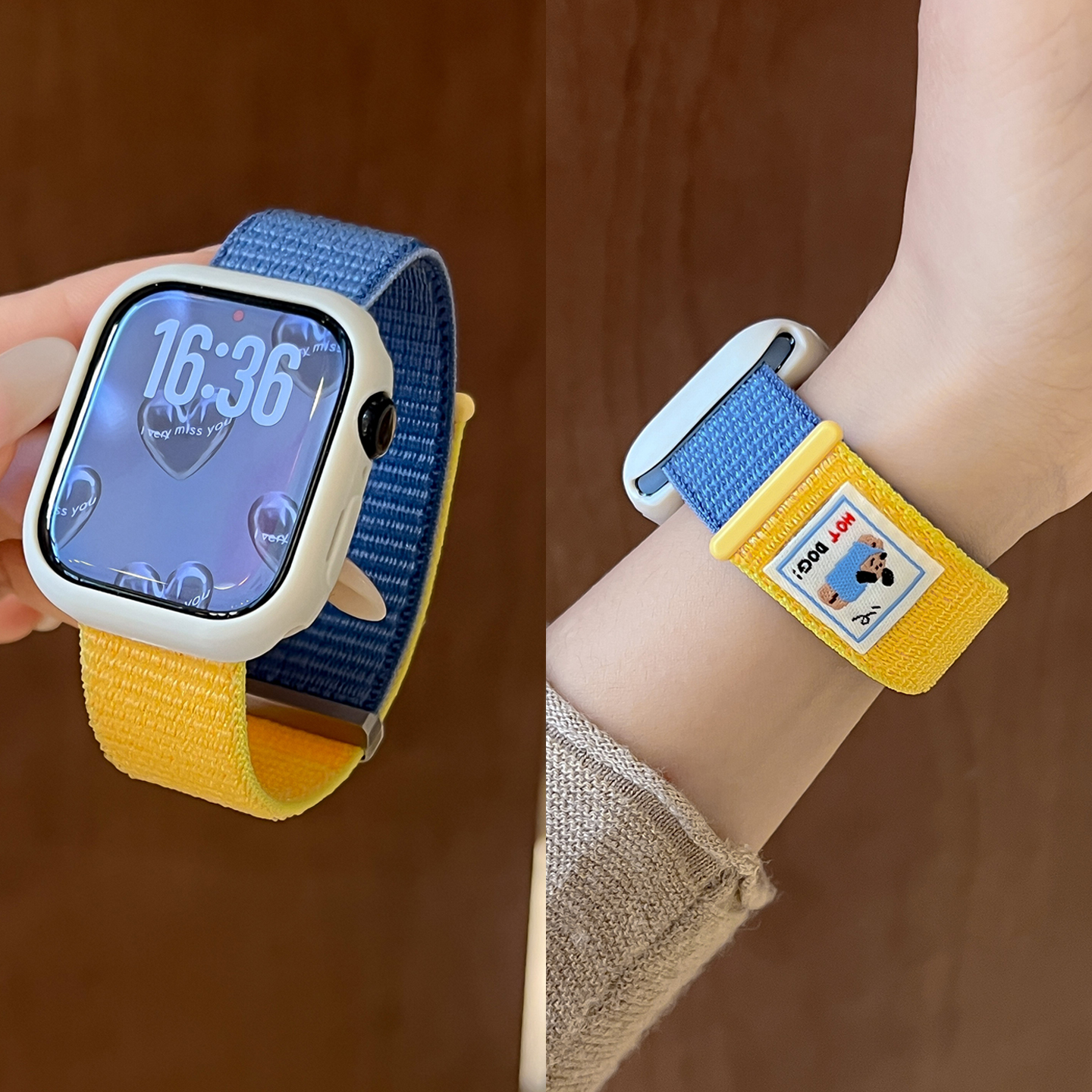 拼色魔术贴尼龙回环腊肠狗适用iwatch11手表表带s10苹果9腕带运动