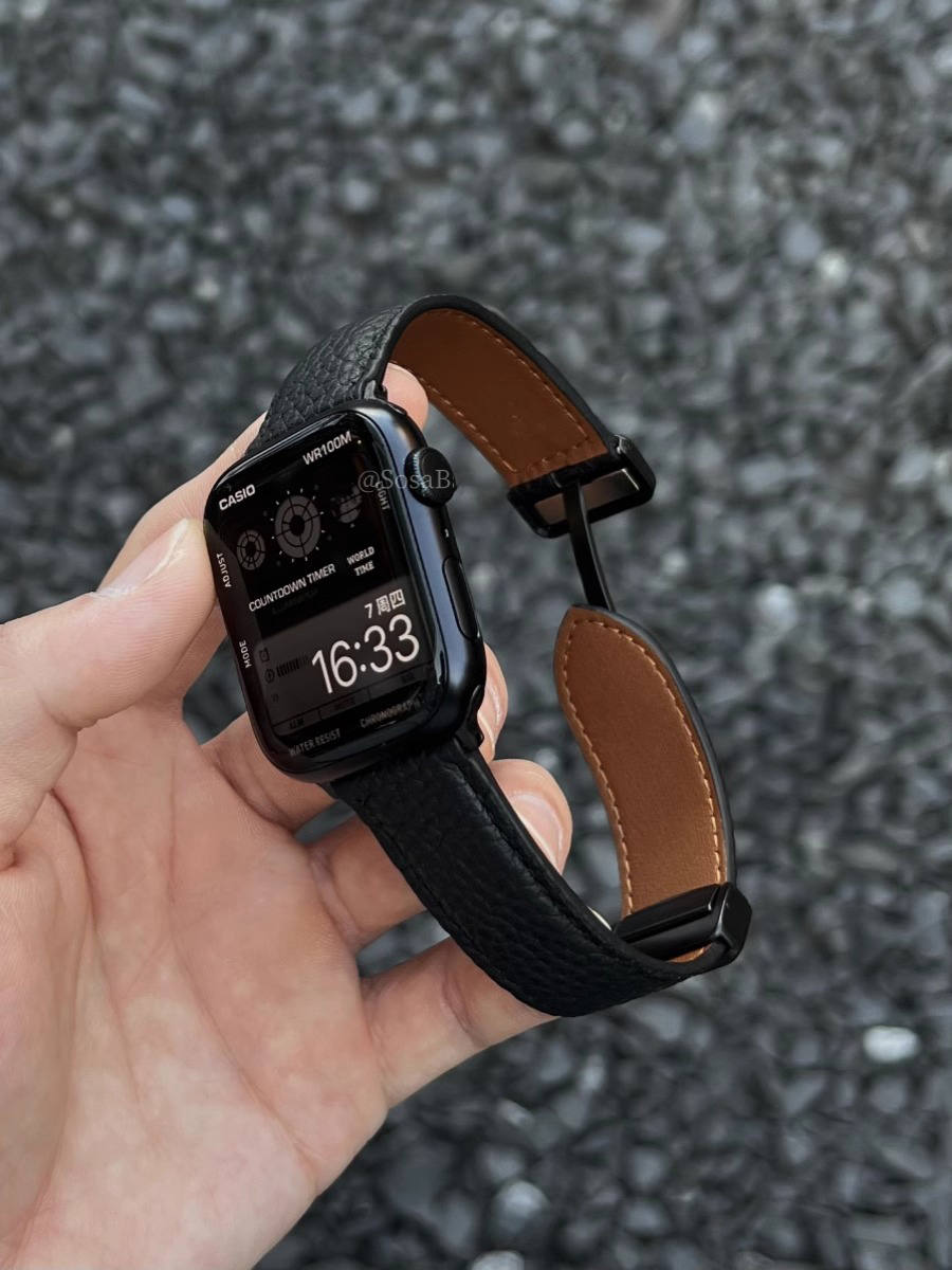 全皮荔枝纹磁吸扣适用苹果手表带AppleWatch3456iwatchS7S8S9SE21 智能设备 智能手表手环表带/腕带 原图主图