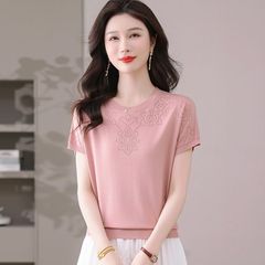 妈妈装时尚针织衫圆领t恤女短袖大码夏季新款薄款镂空宽松T恤上衣