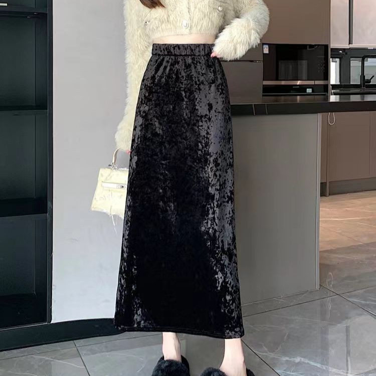 金丝绒半身裙女秋冬新款高腰显瘦长裙秋新中式开叉直筒黑色包臀裙,女装/女士精品,半身裙,淘宝优惠券,粉丝福利购,淘宝优惠卷