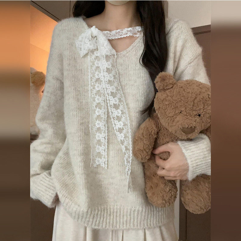 蕾丝蝴蝶结系带v领毛衣女秋冬季2025新款慵懒感内搭针织上衣,女装/女士精品,毛针织衫,淘宝优惠券,粉丝福利购,淘宝优惠卷