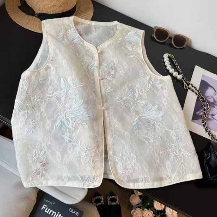 蓝花刺绣欧根纱新中式马甲女春夏季新款蕾丝网纱气质马夹坎肩薄款