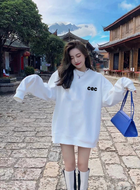 cec卫衣女秋冬款2022新款加绒加厚白色圆领oversize中长款遮屁股