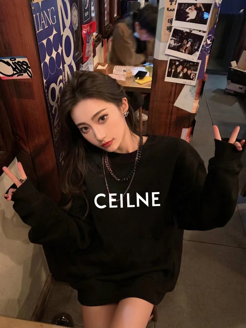 圆领美式卫衣女2022新款秋冬款加绒加厚宽松oversize中长款遮屁股