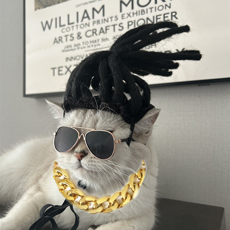 猫咪假发脏脏辫搞怪搞笑摇滚头套英短法斗牛眼镜项链狗狗变装帽子