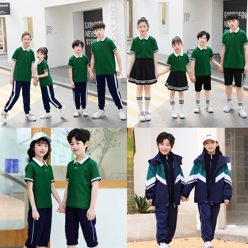 初中生班服夏季短袖长裤套装小学生五六七八年级绿色冲锋衣三件套