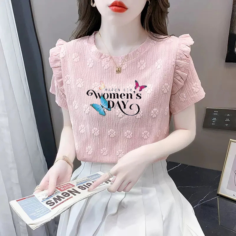 粉色夏季新款显廋设计感荷叶边上衣小众别致提花圆领短袖t恤女士