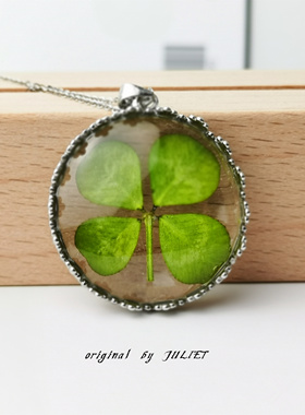 原创女纯银天然真四叶草植物标本