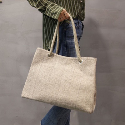 大容量新款亚麻手提包包女森系简约文艺棉麻单肩包韩版休闲帆布包