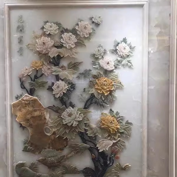 天然大理石玉石浮雕雕刻中欧风壁画背景画山水画花开富贵屏风厂家
