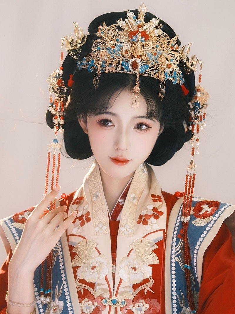 满庭芳 纯铜烧蓝主体古风汉服唐制明制婚冠头饰发饰