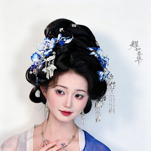 耀如春华 青花瓷 原创设计真丝烫花国风头饰发饰汉服配饰