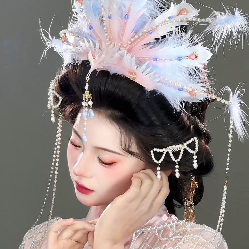 耀如春华  凤栖梧 真丝烫花金丝凤羽毛凤冠女儿国国王国风头饰