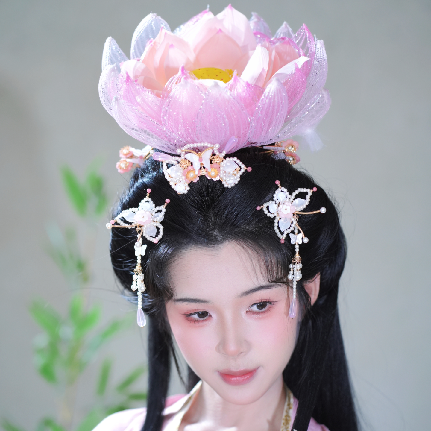 耀如春华古风网纱荷花汉服头饰图片