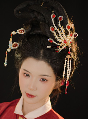 耀如春华汉服古风饰品发饰复古凤钗头饰重工精致发冠红色九羽凤冠