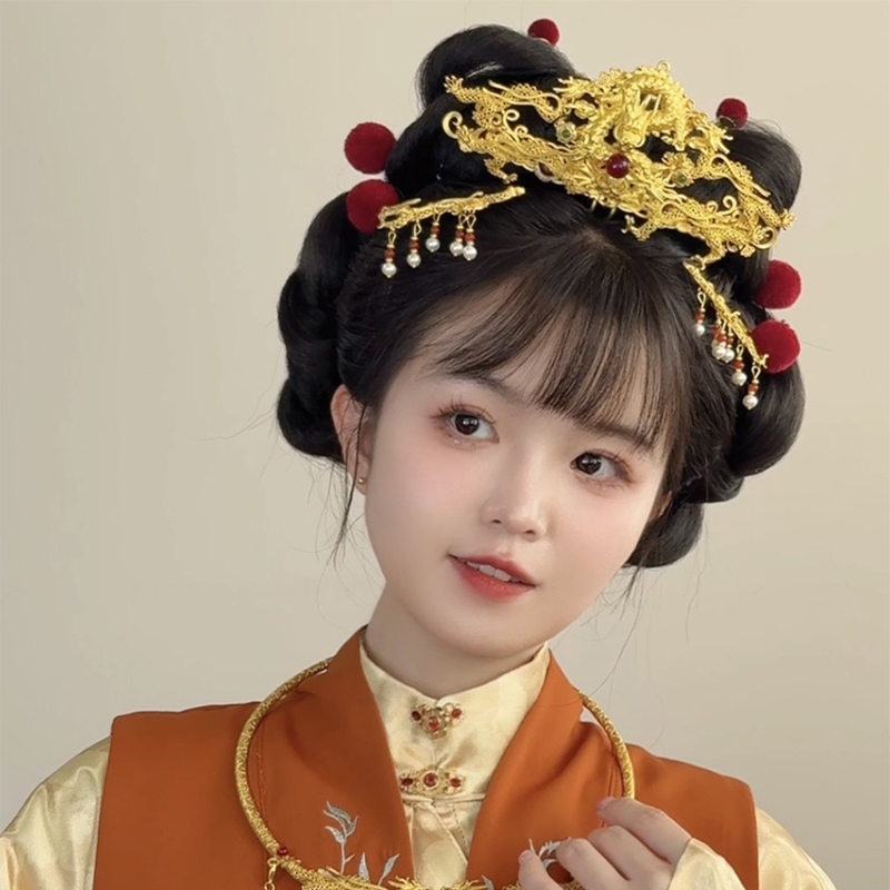 耀如春华 双龙戏珠镀沙金贝珠古风汉服配饰唐风明制手工