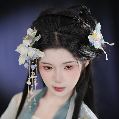耀如春华 凤尾蝶 原创古风纯手工真丝烫花发钗汉服配饰