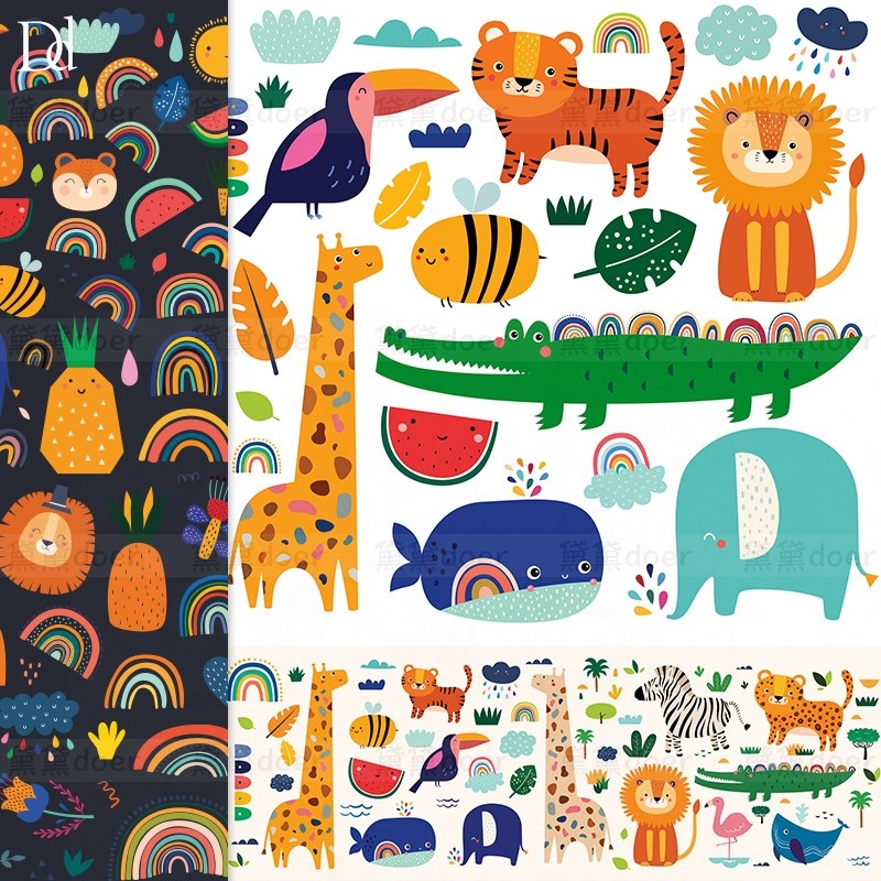 eps矢量可爱卡通动物鳄鱼长颈鹿狮子鲸鱼彩虹插画儿童装饰素材png
