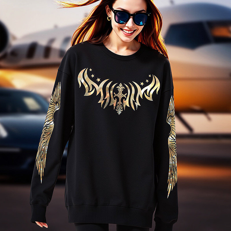 BY春季潮牌烫金翅膀圆领卫衣/情侣男女同款套头长袖卫衣加厚宽松