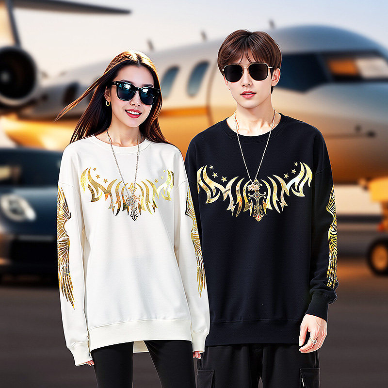 BY春季潮牌烫金翅膀圆领卫衣/情侣男女同款套头长袖卫衣加厚宽松