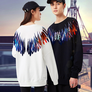 BY秋季新款潮牌羽翼印花圆领卫衣情侣春季新休闲百搭男女同款时尚