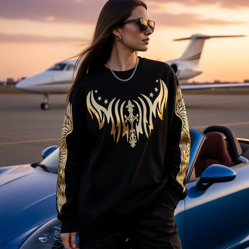 BY春季潮牌烫金翅膀圆领卫衣/情侣男女同款套头长袖卫衣加厚宽松