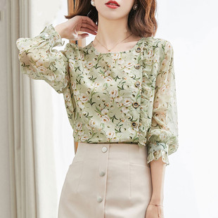 长袖 大码 碎花印花雪纺上衣 裁剪纸样女2023春夏新款 雪纺套头衬衫